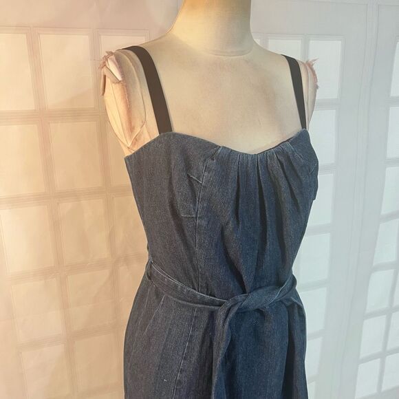 DKNY Blue Denim Belted Mini Pleated Sleeveless Jumper Dress Size Medium - Picture 2 of 10
